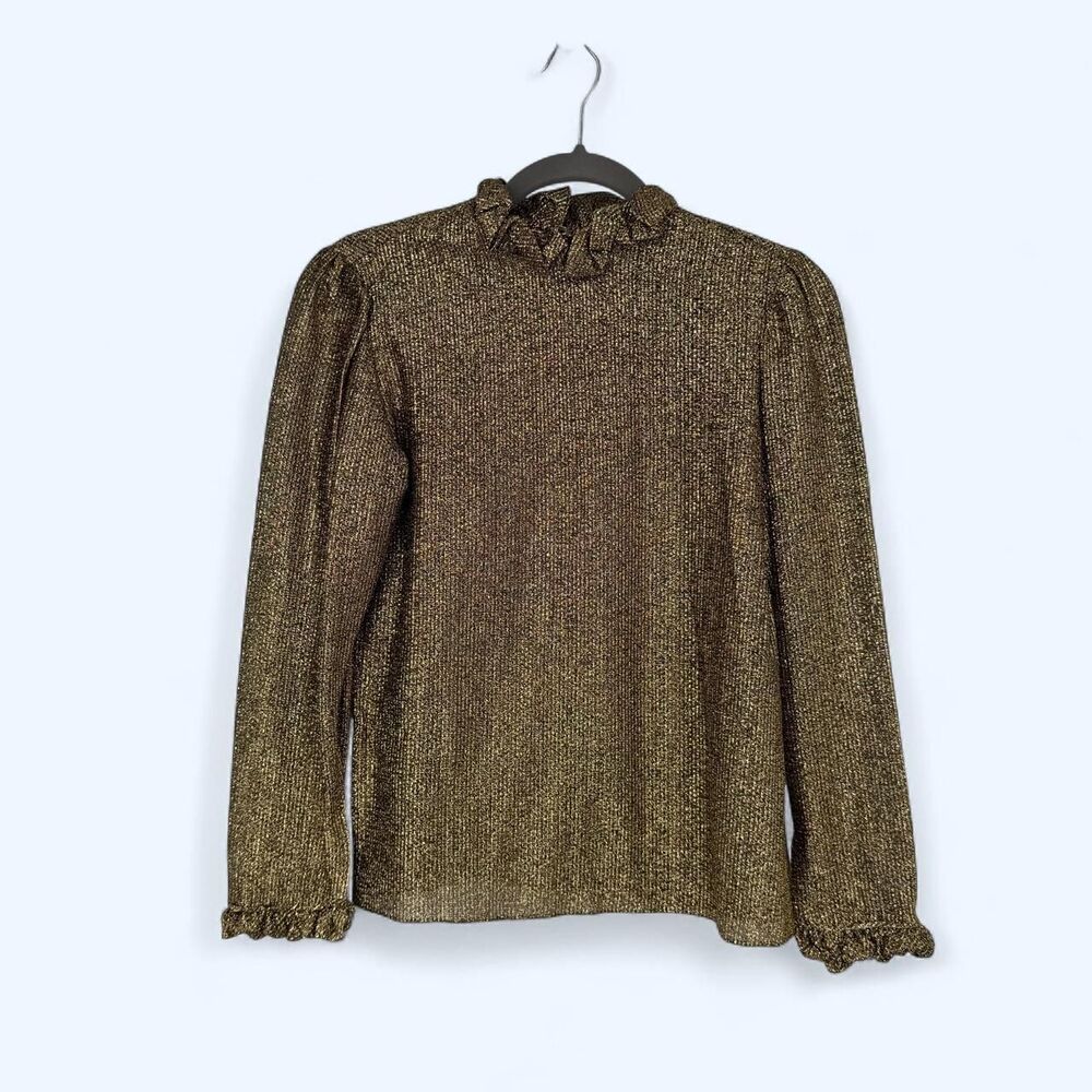 Gold Metallic Ruffled Lamé Blouse High Neck Shimmer Statement Top The Shards '85